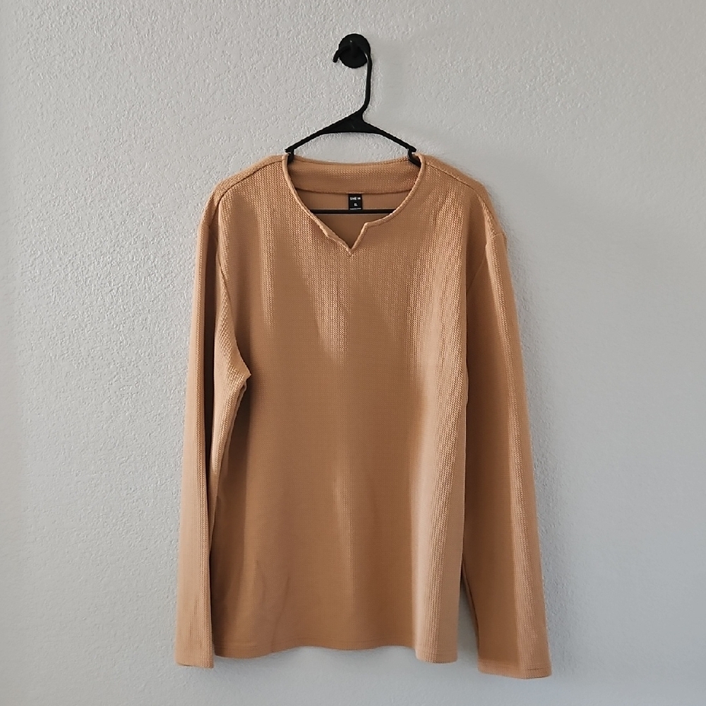 SHEIN Men's Sweater V-neck Long Sleeve Ribbed Texture XL Tan
